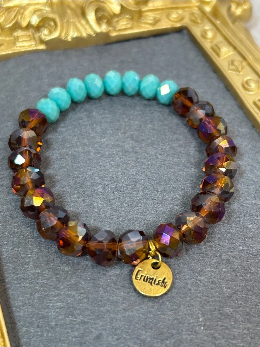 Erimish Turquoise and Amber Faceted Bead Stretch Bracelet with Gold Charm